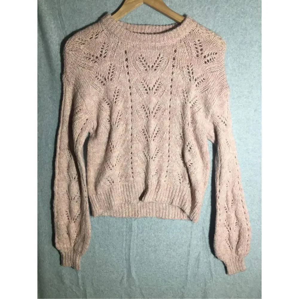 Womens American Eagle Cropped Fit Sweater Cable Knit Pink Wool Blend Winter